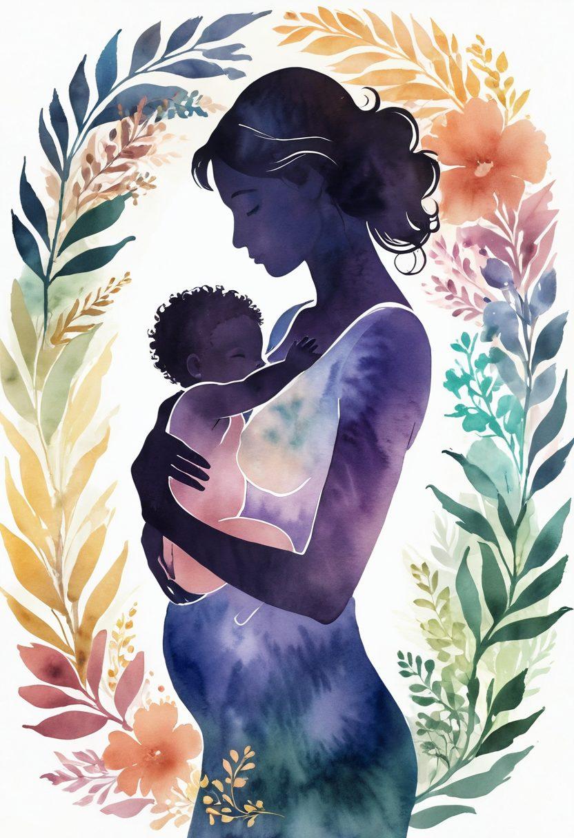 An artistic representation of women's wellness through a silhouette of a woman cradling a baby, symbolizing maternity, surrounded by gentle flowers and leaves to represent intimacy and care. The background should feature soft pastel colors blending harmoniously, conveying warmth and nurturing. Include abstract elements like flowing lines to symbolize connection and femininity. watercolor painting. soft pastel colors.
