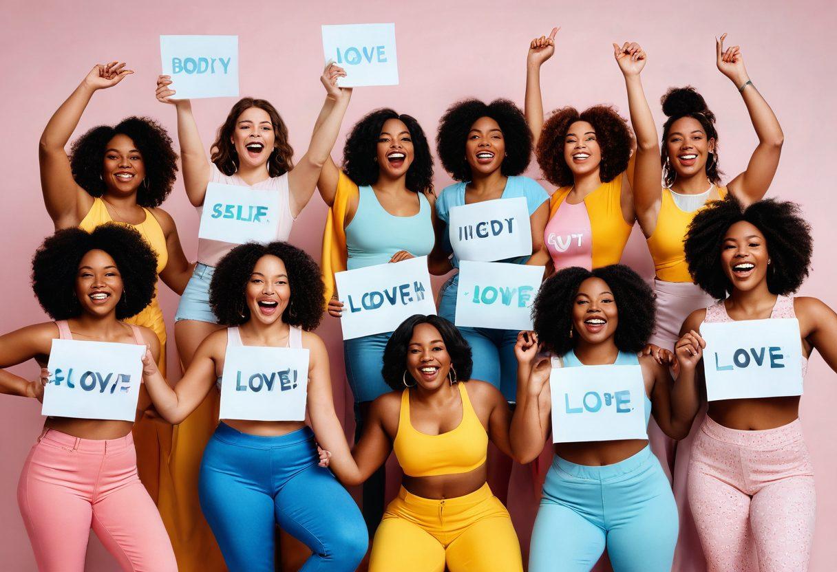 A diverse group of empowered women celebrating their bodies, joyfully posing together in vibrant, flowing attire that highlights their individuality. The background features soft pastel colors and abstract shapes symbolizing strength and confidence. Some women are holding signs promoting body positivity and self-love, while others are laughing and engaging in warm conversation. The atmosphere is uplifting and inclusive, conveying a message of empowerment. super-realistic. vibrant colors. white background.