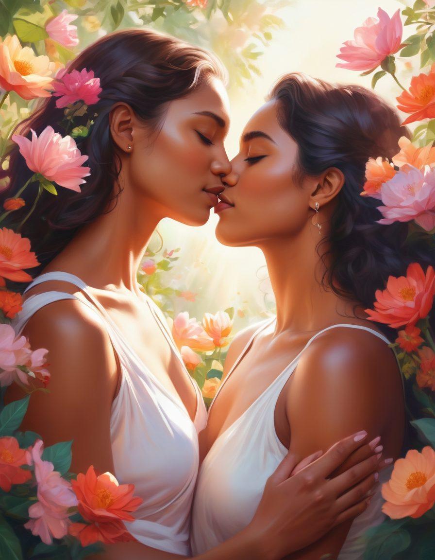 A serene scene featuring diverse women of different backgrounds confidently embracing their femininity, surrounded by blooming flowers symbolizing growth and love, subtle anatomical shapes integrated into the petals, soft sunlight filtering through the leaves, conveying empowerment and connection. vibrant colors. soft focus. digital painting.